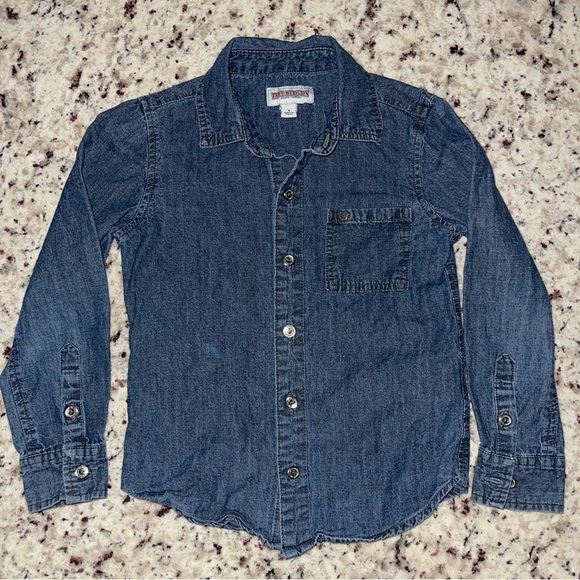 True Religion Blue Denim Chambray Button Up Size 4 Kids Girls Boys Logo Chrome - Picture 1 of 8